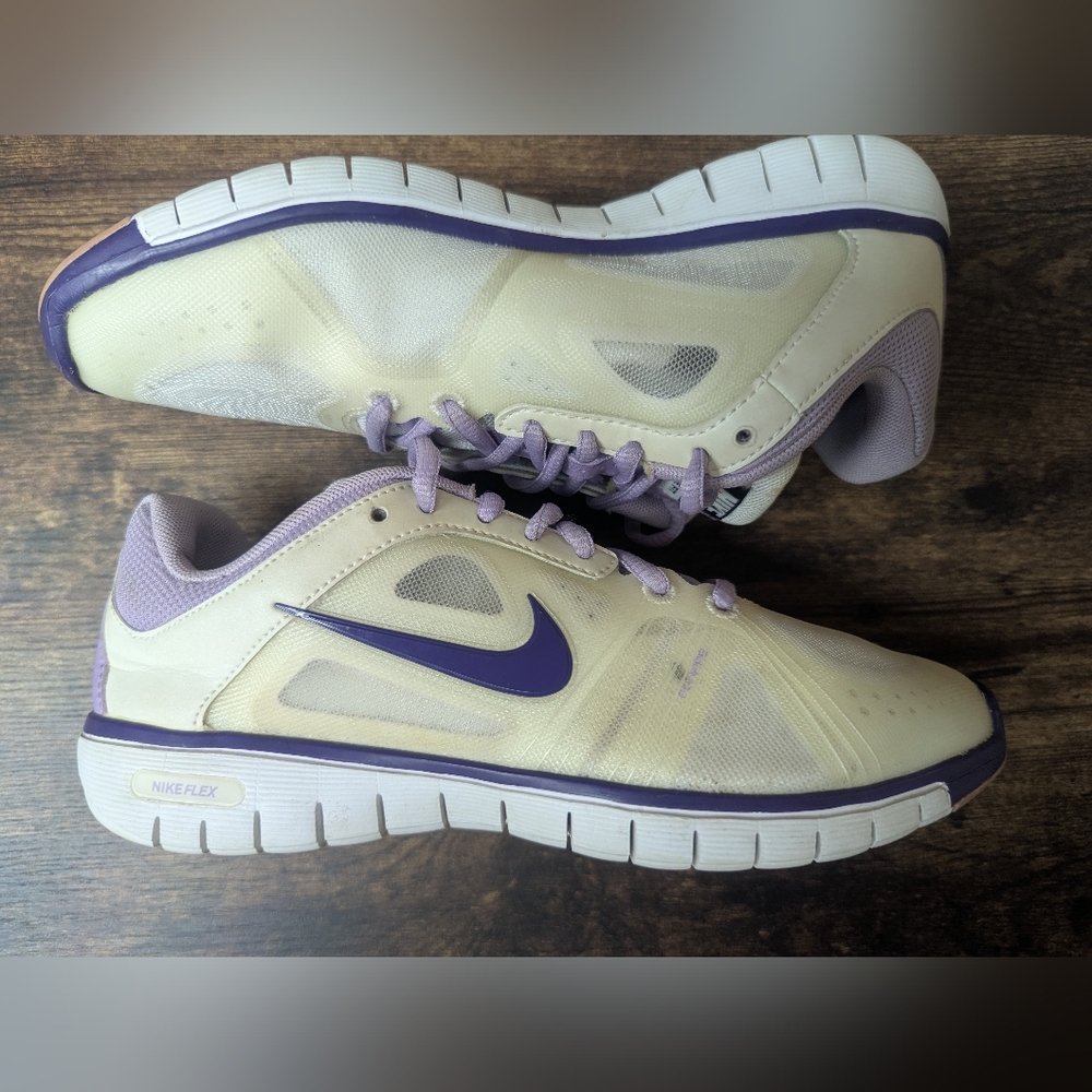 Nike Women's Cream and Purple Flex Run Trainers